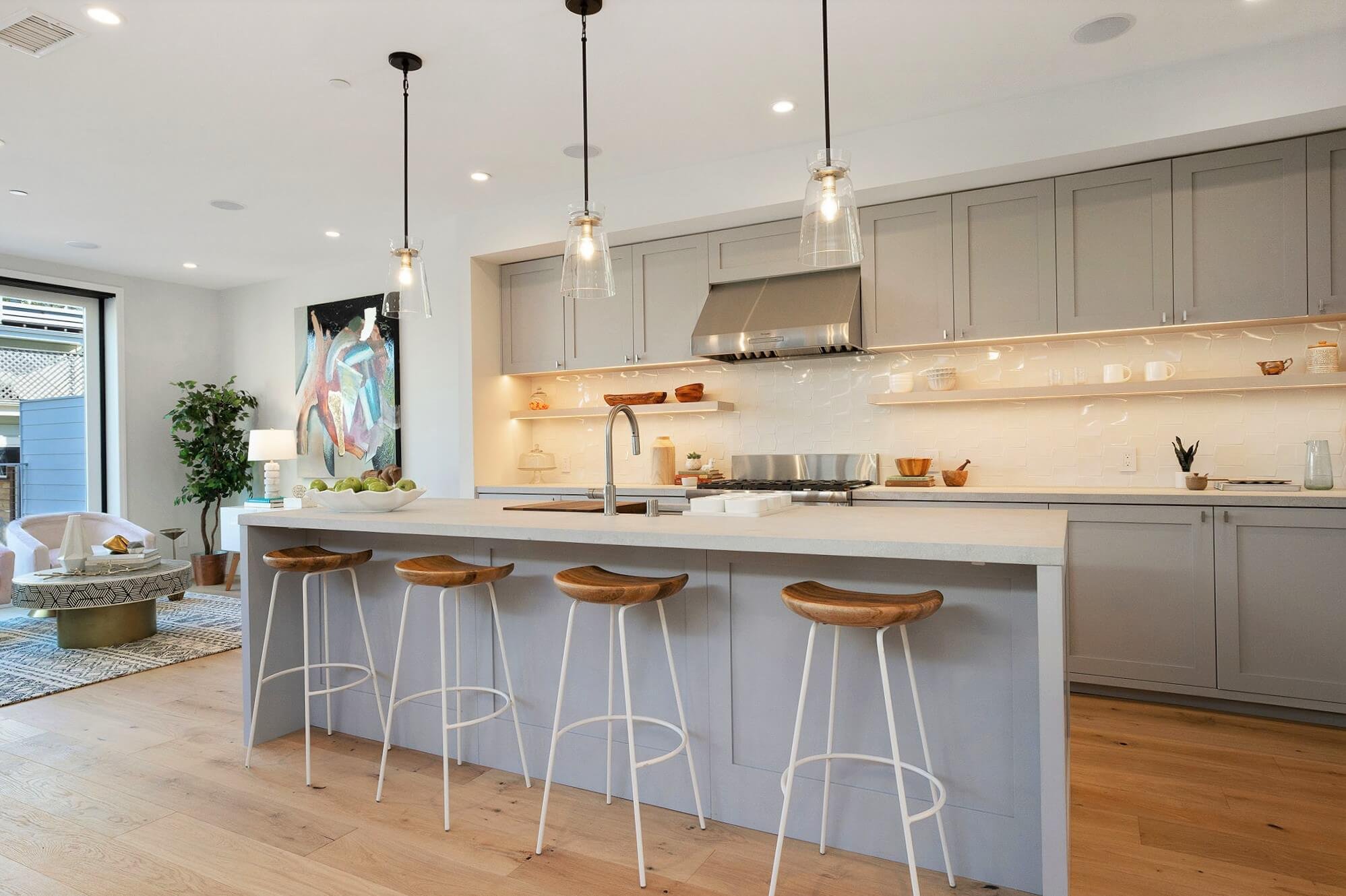 Graphic depicting UI-styled buttons with different categories of interior design items on top of an image of a modern interior living room.