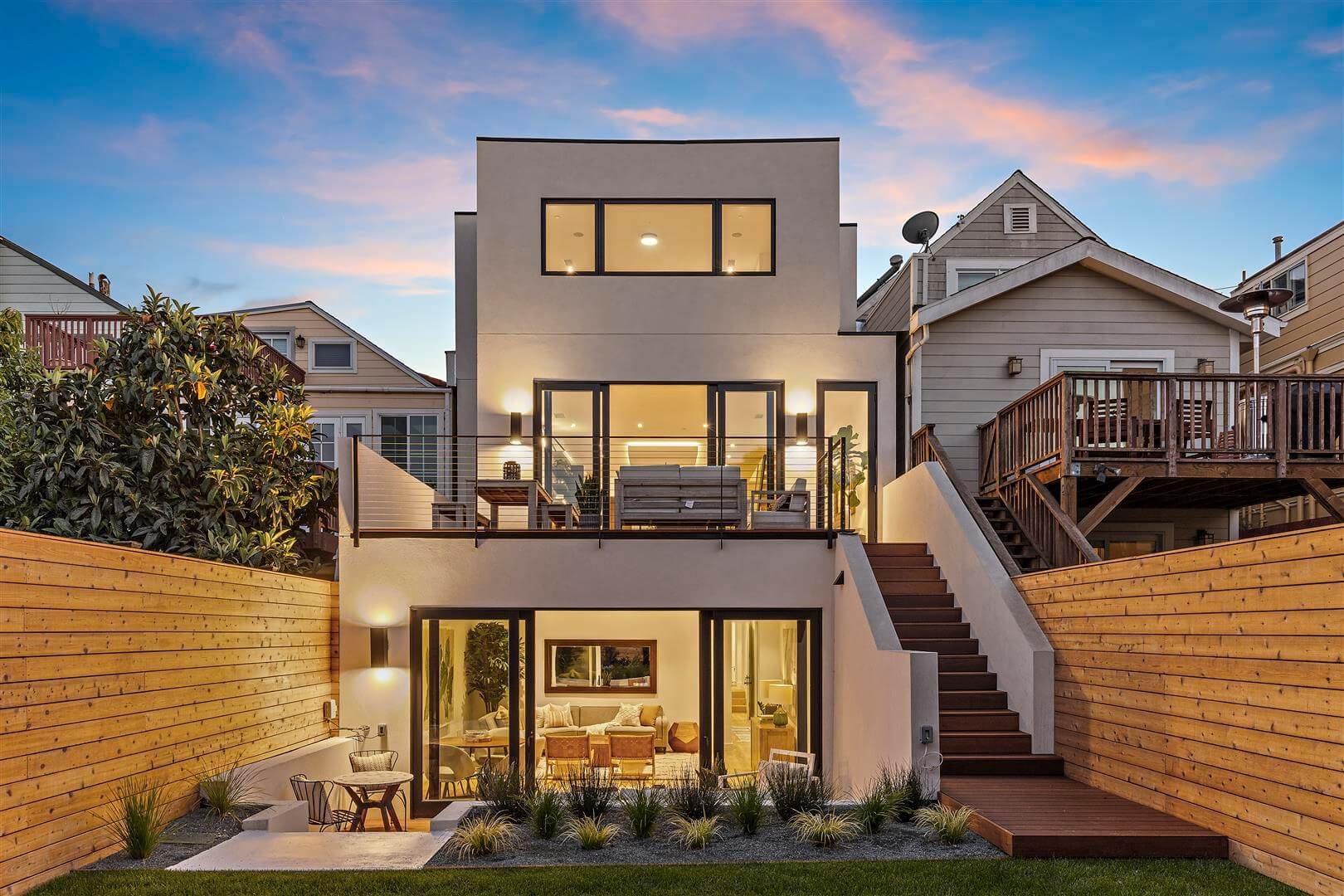 Graphic depicting UI-styled buttons with different categories of interior design items on top of an image of a modern interior living room.