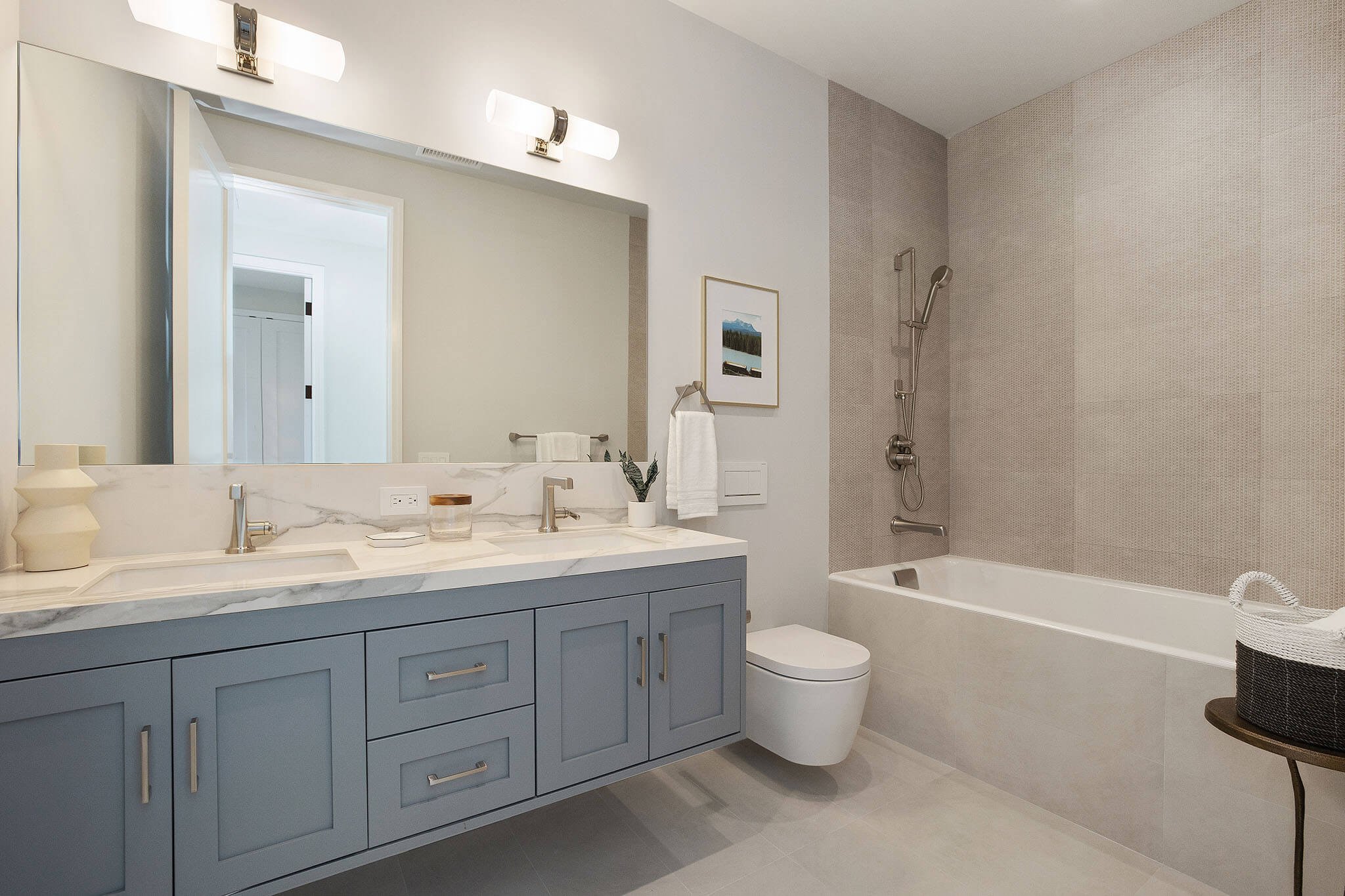 Graphic depicting a hexagonal cropped photo of an interior room design with grid lines along its borders.