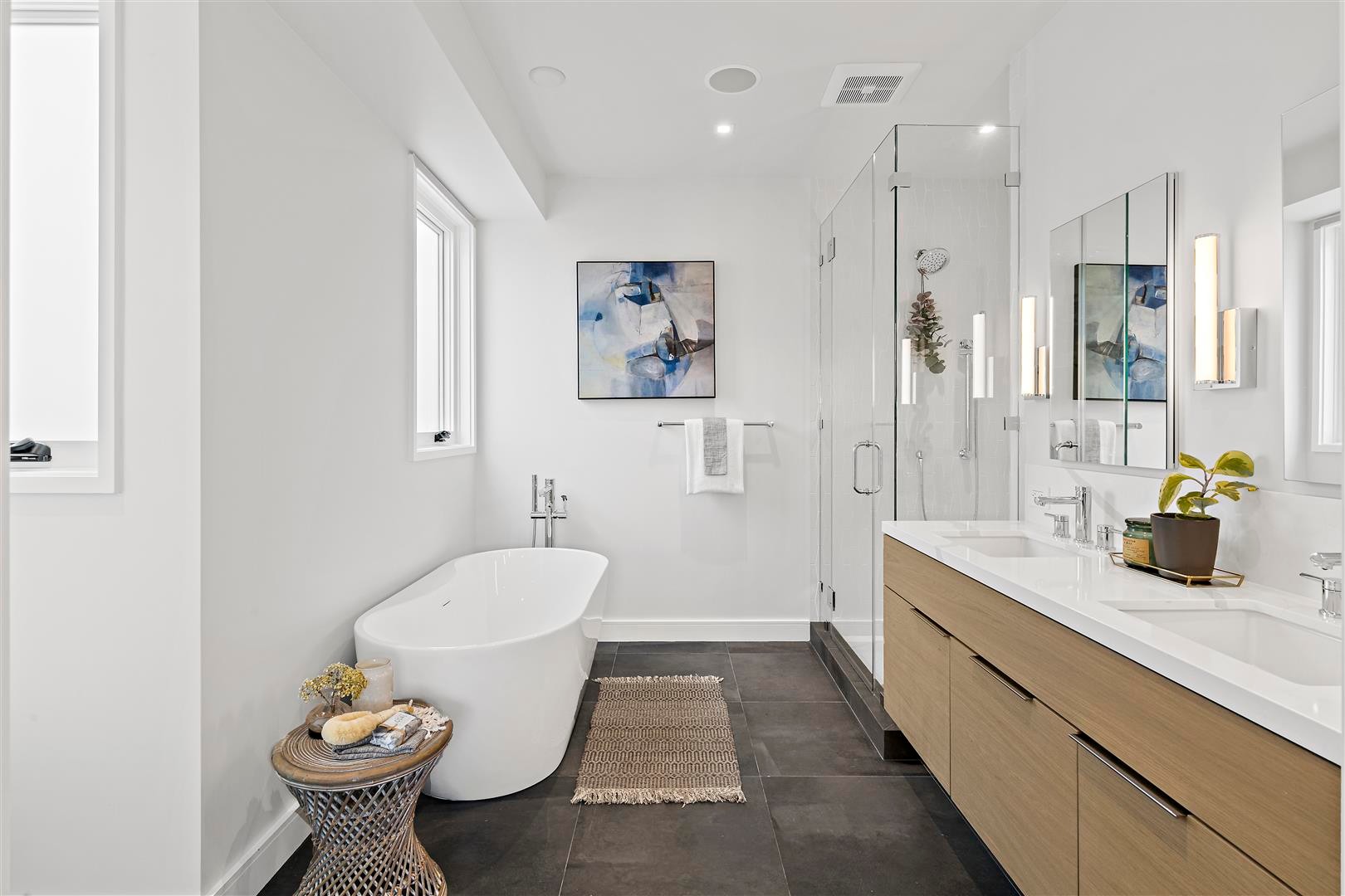 Graphic depicting a hexagonal cropped photo of an interior room design with grid lines along its borders.