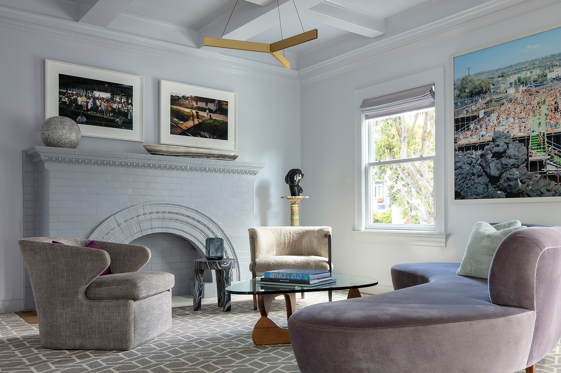 Graphic depicting UI-styled buttons with different categories of interior design items on top of an image of a modern interior living room.